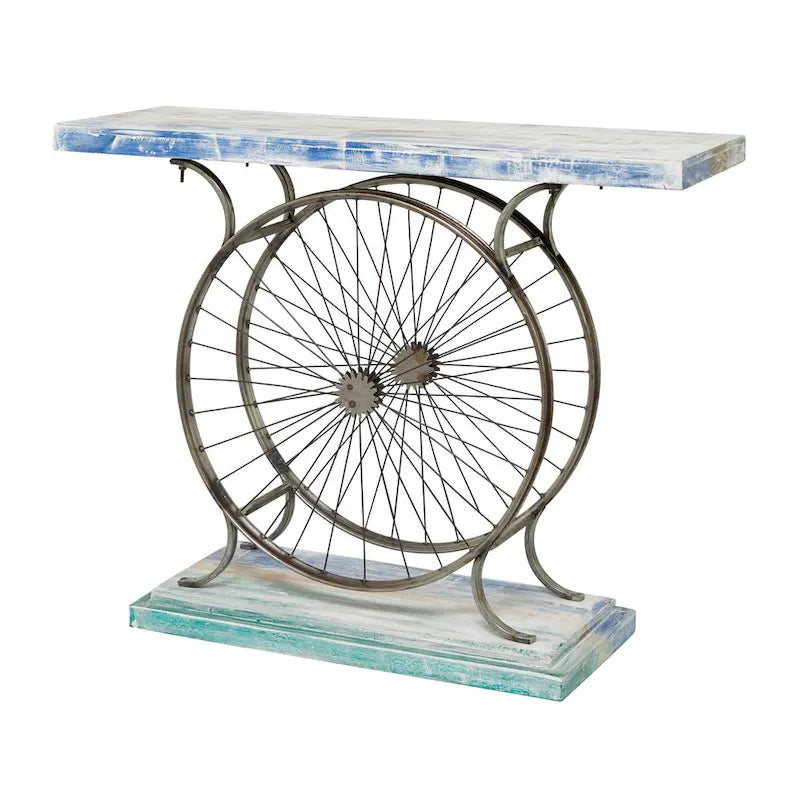 Table console industrielle à lattes marron/bleu avec cadre à deux roues et base à étages, 1 personne