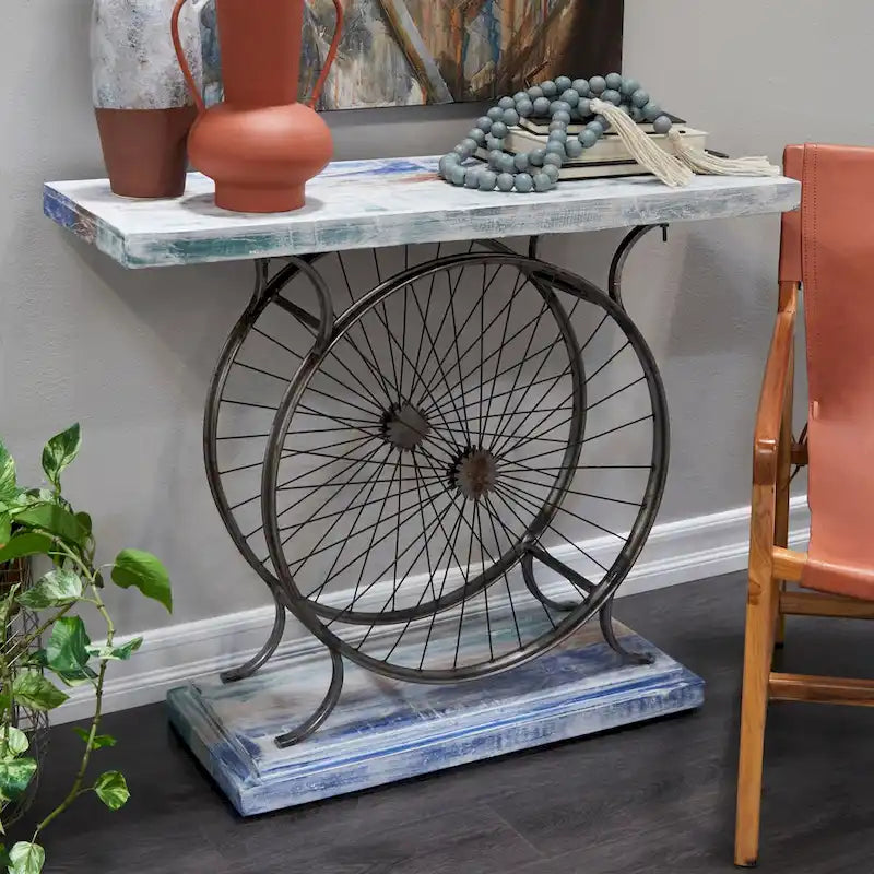 Table console industrielle à lattes marron/bleu avec cadre à deux roues et base à étages, 1 personne