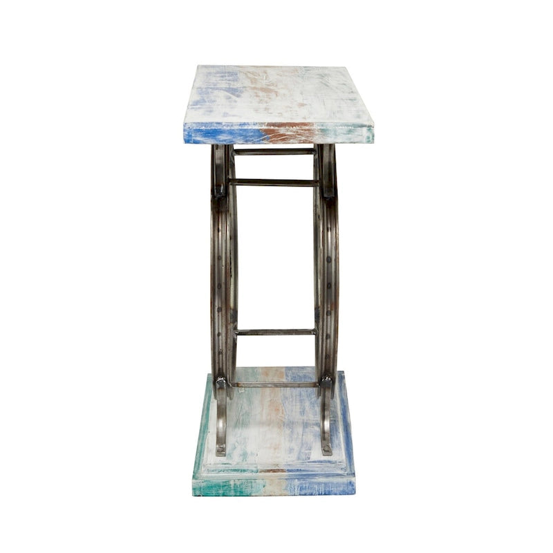 Table console industrielle à lattes marron/bleu avec cadre à deux roues et base à étages, 1 personne