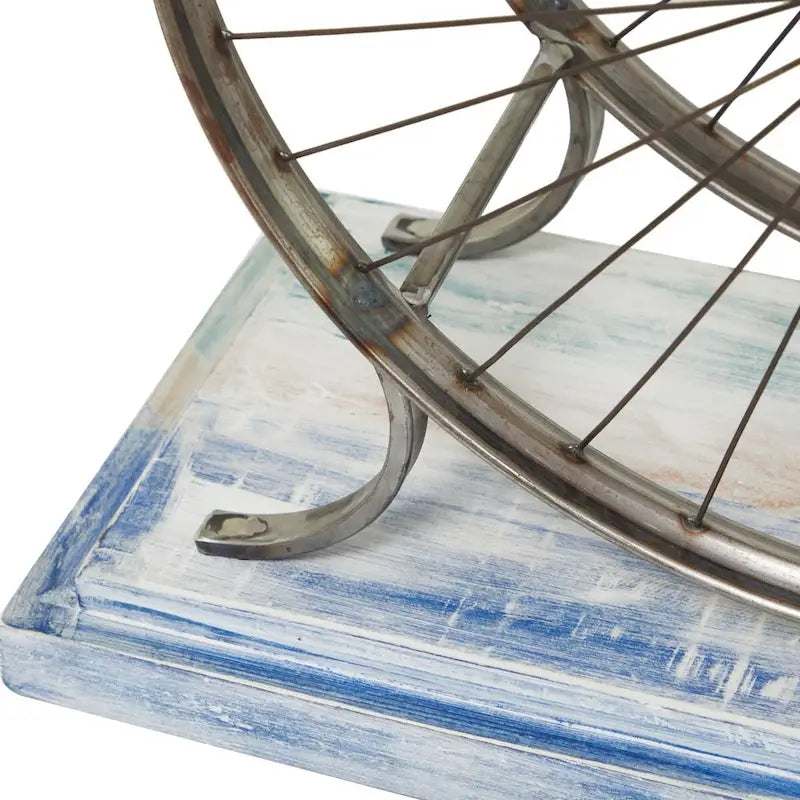 Table console industrielle à lattes marron/bleu avec cadre à deux roues et base à étages, 1 personne