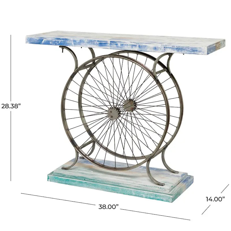 Table console industrielle à lattes marron/bleu avec cadre à deux roues et base à étages, 1 personne