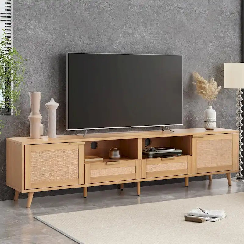 Meuble TV en rotin de bois naturel avec 2 armoires et étagères ouvertes, style rustique, s'adapte aux téléviseurs jusqu'à 85 pouces, 1 personne