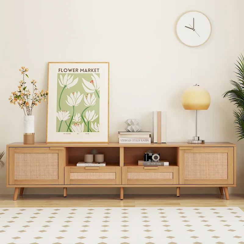 Meuble TV en rotin de bois naturel avec 2 armoires et étagères ouvertes, style rustique, s'adapte aux téléviseurs jusqu'à 85 pouces, 1 personne