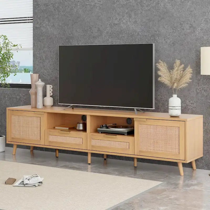 Meuble TV en rotin de bois naturel avec 2 armoires et étagères ouvertes, style rustique, s'adapte aux téléviseurs jusqu'à 85 pouces, 1 personne