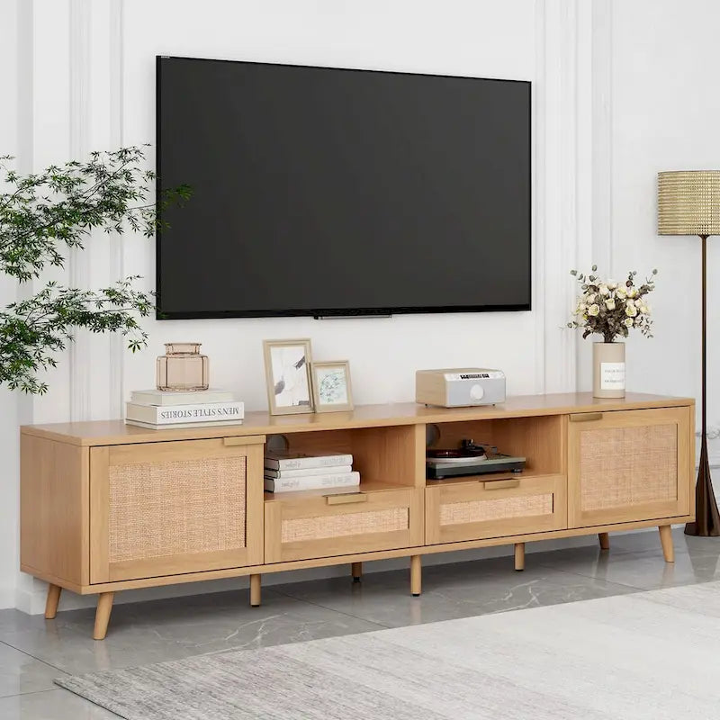 Meuble TV en rotin de bois naturel avec 2 armoires et étagères ouvertes, style rustique, s'adapte aux téléviseurs jusqu'à 85 pouces, 1 personne