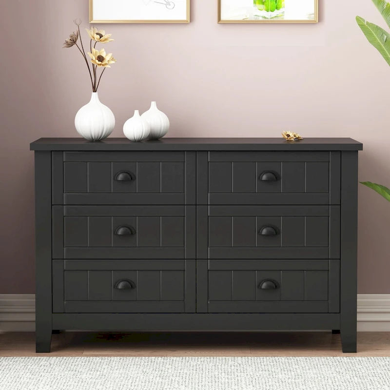 Meuble de Rangement d'Entrée en Bois Massif Noir Style Ferme avec 6 Tiroirs, 120 cm