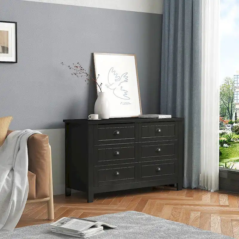 Meuble de Rangement d'Entrée en Bois Massif Noir Style Ferme avec 6 Tiroirs, 120 cm