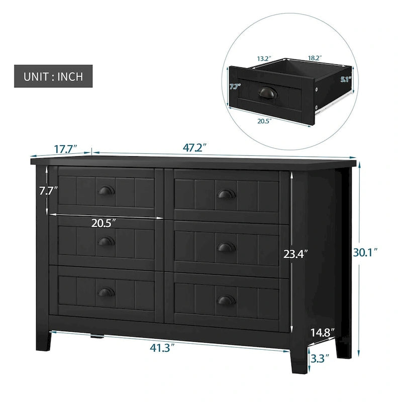 Meuble de Rangement d'Entrée en Bois Massif Noir Style Ferme avec 6 Tiroirs, 120 cm
