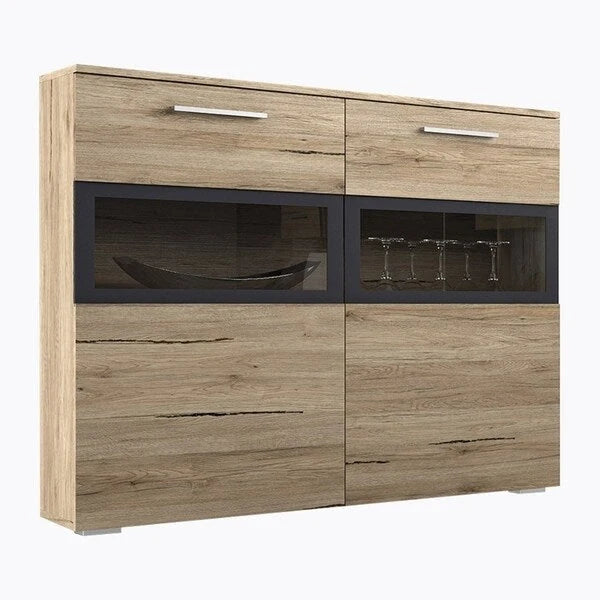 Bahut moderne 2 portes blanc semi-brillant / chêne San Remo avec vitrines en verre et éclairage LED, 1 personne