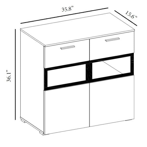 Bahut moderne 2 portes blanc semi-brillant / chêne San Remo avec vitrines en verre et éclairage LED, 1 personne