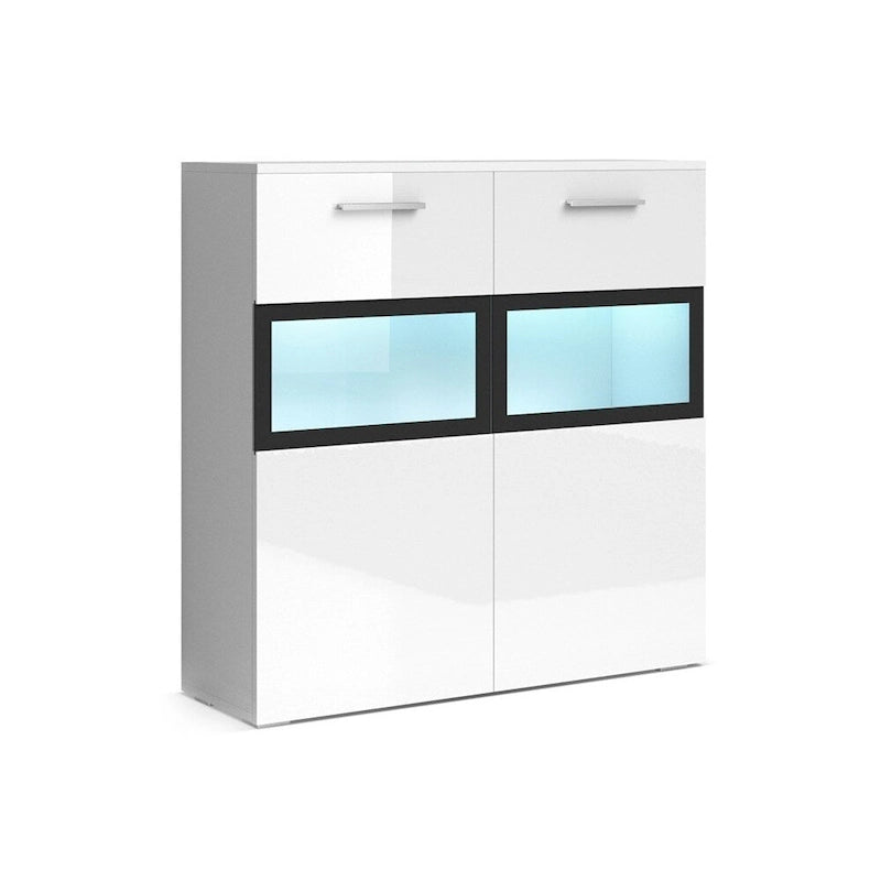 Bahut moderne 2 portes blanc semi-brillant / chêne San Remo avec vitrines en verre et éclairage LED, 1 personne