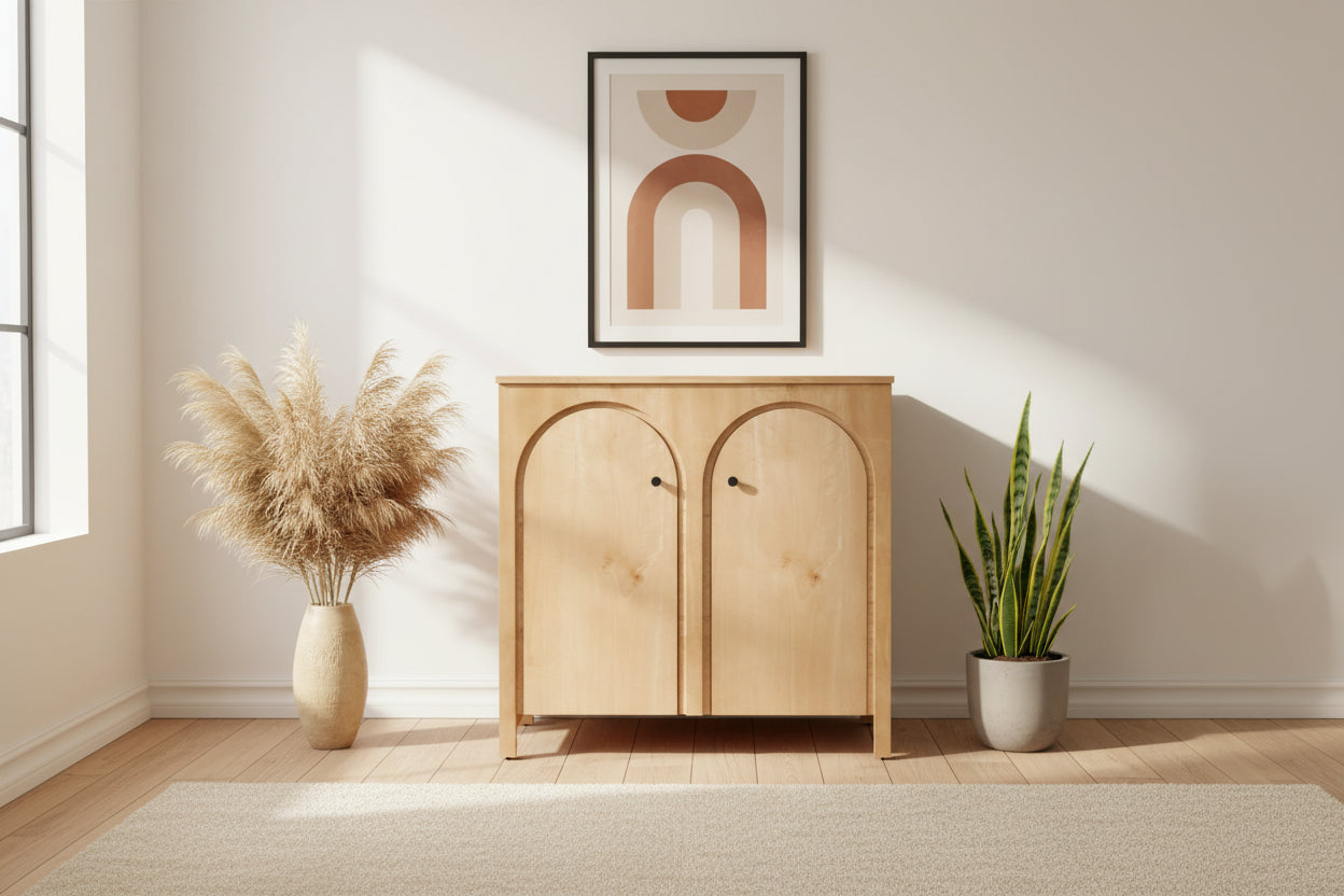 Walnut / Oak 2-Door Arched Storage Cabinet with Adjustable Shelves, Mid-Century Style, 1-Person