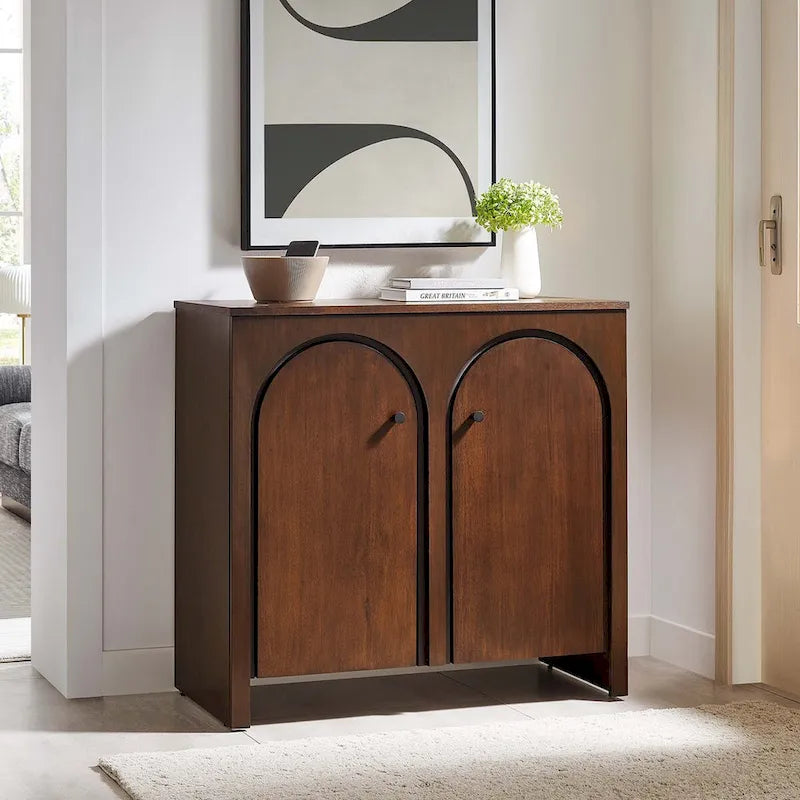 Armoire de rangement arquée à 2 portes en noyer/chêne avec étagères réglables, style Mid-Century, 1 personne