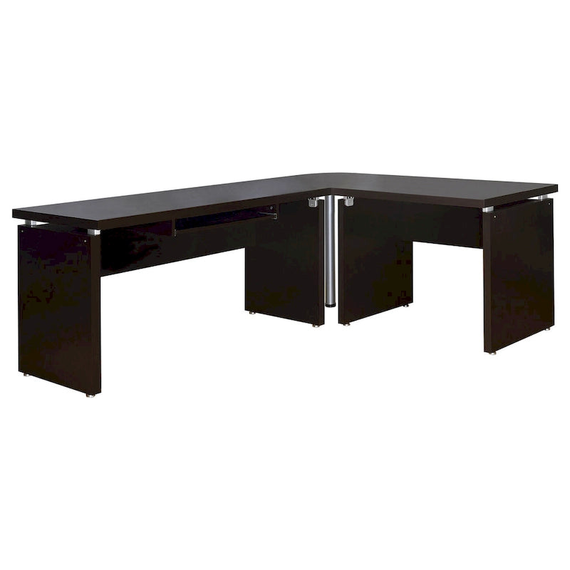Bureau d'angle informatique marron cappuccino et argenté avec plateau coulissant pour clavier et tiroir classeur roulant, 211 cm, 1 personne