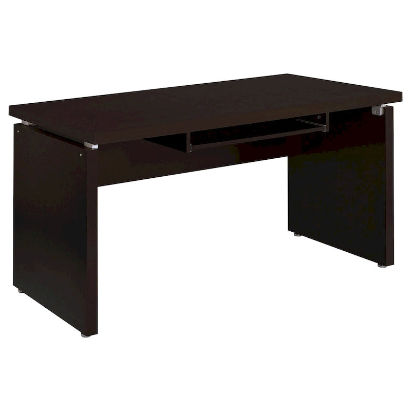 Bureau d'angle informatique marron cappuccino et argenté avec plateau coulissant pour clavier et tiroir classeur roulant, 211 cm, 1 personne