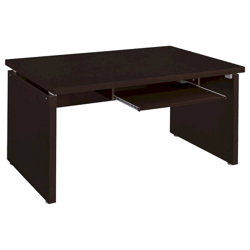 Bureau d'angle informatique marron cappuccino et argenté avec plateau coulissant pour clavier et tiroir classeur roulant, 211 cm, 1 personne