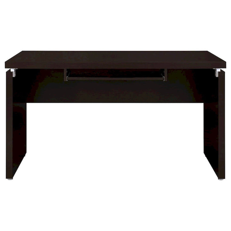 Bureau d'angle informatique marron cappuccino et argenté avec plateau coulissant pour clavier et tiroir classeur roulant, 211 cm, 1 personne