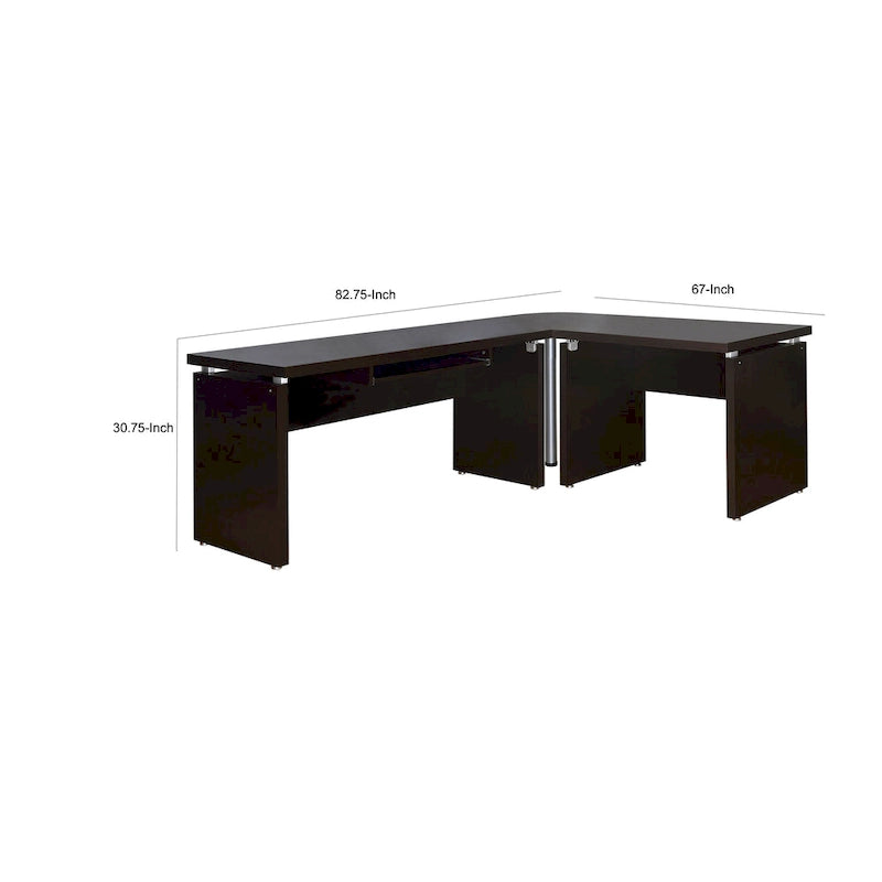 Bureau d'angle informatique marron cappuccino et argenté avec plateau coulissant pour clavier et tiroir classeur roulant, 211 cm, 1 personne