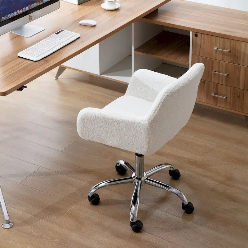 Chaise de bureau pivotante en fausse fourrure blanche avec dossier haut et hauteur réglable, 1 personne
