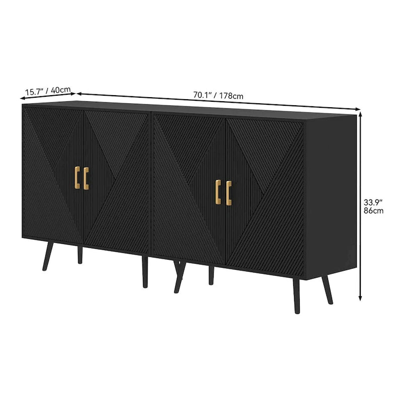Bahut buffet 4 portes noir moderne avec poignées dorées, étagères réglables et pieds en fer noir, 178 cm