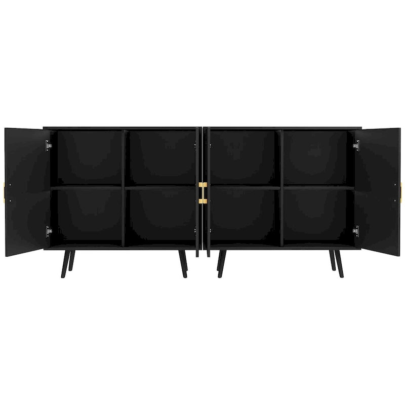 Bahut buffet 4 portes noir moderne avec poignées dorées, étagères réglables et pieds en fer noir, 178 cm