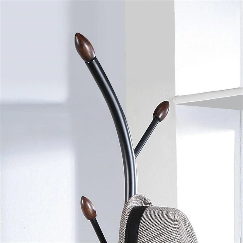 Porte-manteau sur pied en métal style branche avec 9 crochets, coloris noir et noyer, 1 personne