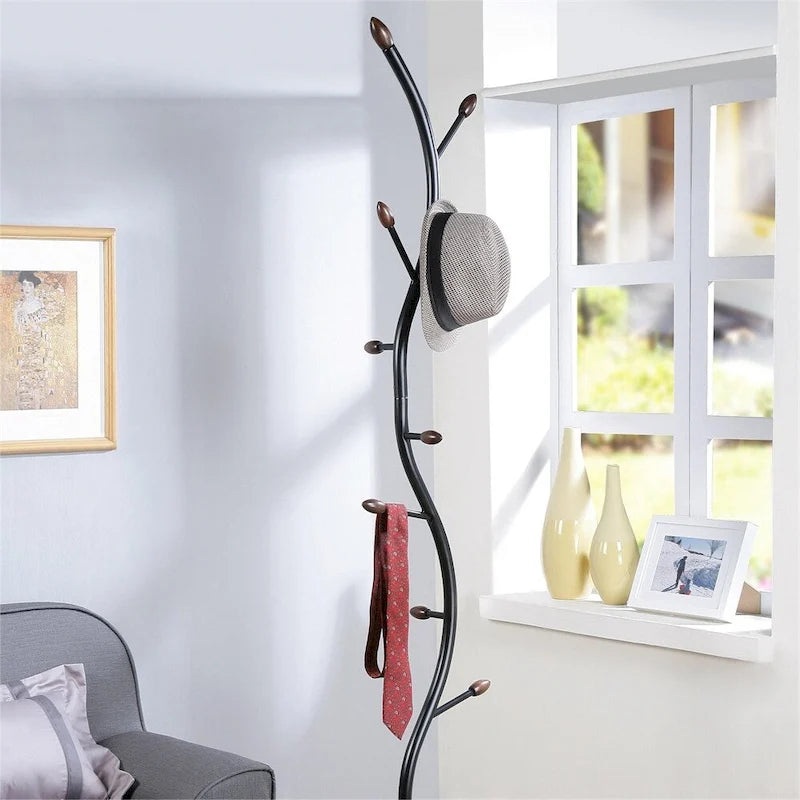Porte-manteau sur pied en métal style branche avec 9 crochets, coloris noir et noyer, 1 personne