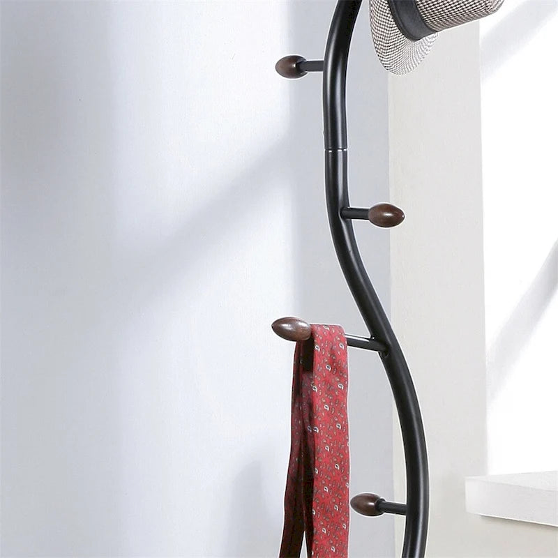 Porte-manteau sur pied en métal style branche avec 9 crochets, coloris noir et noyer, 1 personne