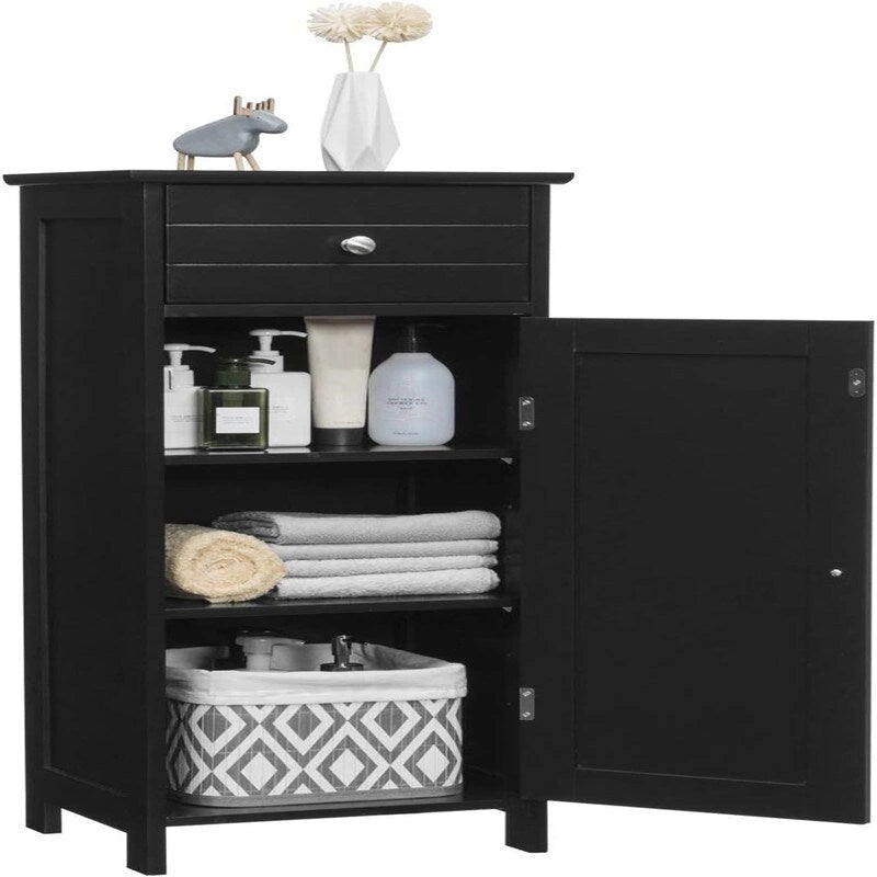 Meuble de rangement de salle de bain blanc / noir / marron / gris avec tiroir et étagères réglables, 1 personne