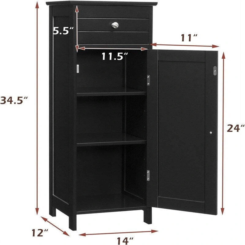 Meuble de rangement de salle de bain blanc / noir / marron / gris avec tiroir et étagères réglables, 1 personne