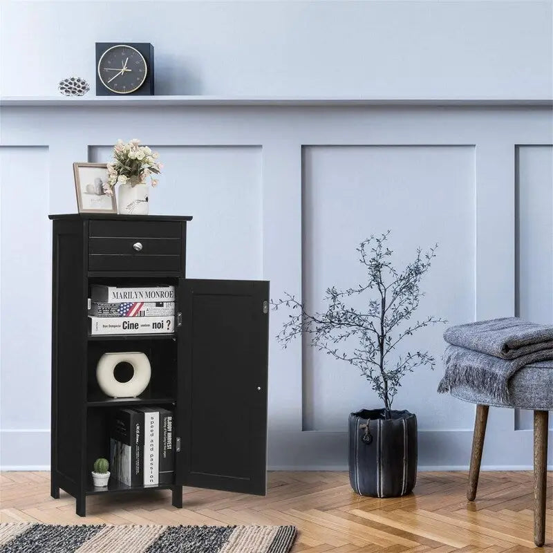 Meuble de rangement de salle de bain blanc / noir / marron / gris avec tiroir et étagères réglables, 1 personne