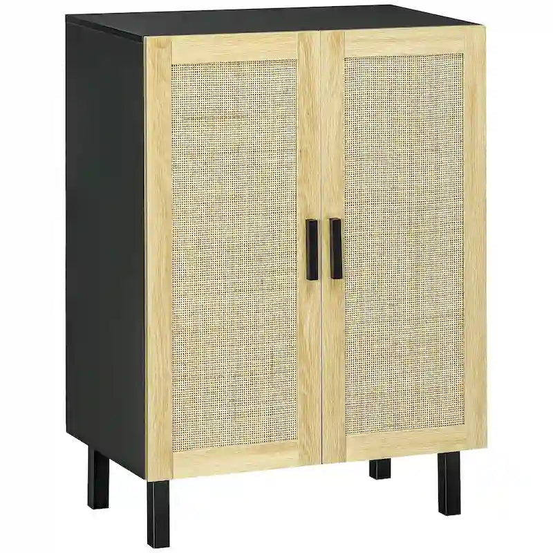 Buffet bohème noir/blanc avec 2 portes en rotin tressé, 3 étagères réglables et base surélevée, 1 personne