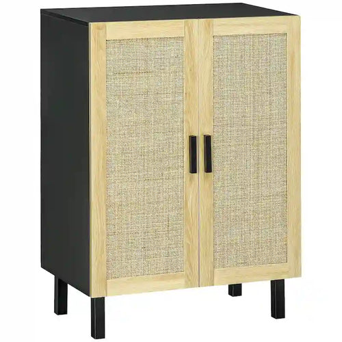 Buffet bohème noir/blanc avec 2 portes en rotin tressé, 3 étagères réglables et base surélevée, 1 personne