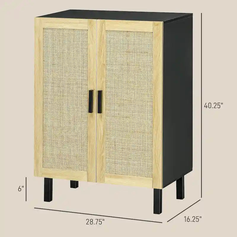 Buffet bohème noir/blanc avec 2 portes en rotin tressé, 3 étagères réglables et base surélevée, 1 personne