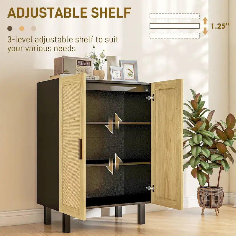 Buffet bohème noir/blanc avec 2 portes en rotin tressé, 3 étagères réglables et base surélevée, 1 personne