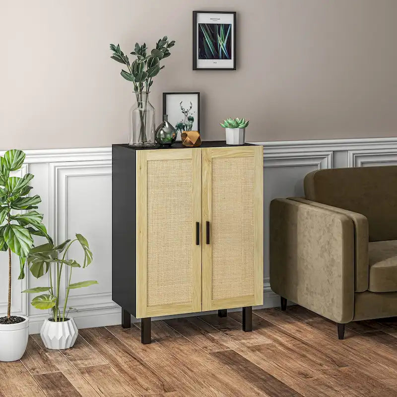 Buffet bohème noir/blanc avec 2 portes en rotin tressé, 3 étagères réglables et base surélevée, 1 personne