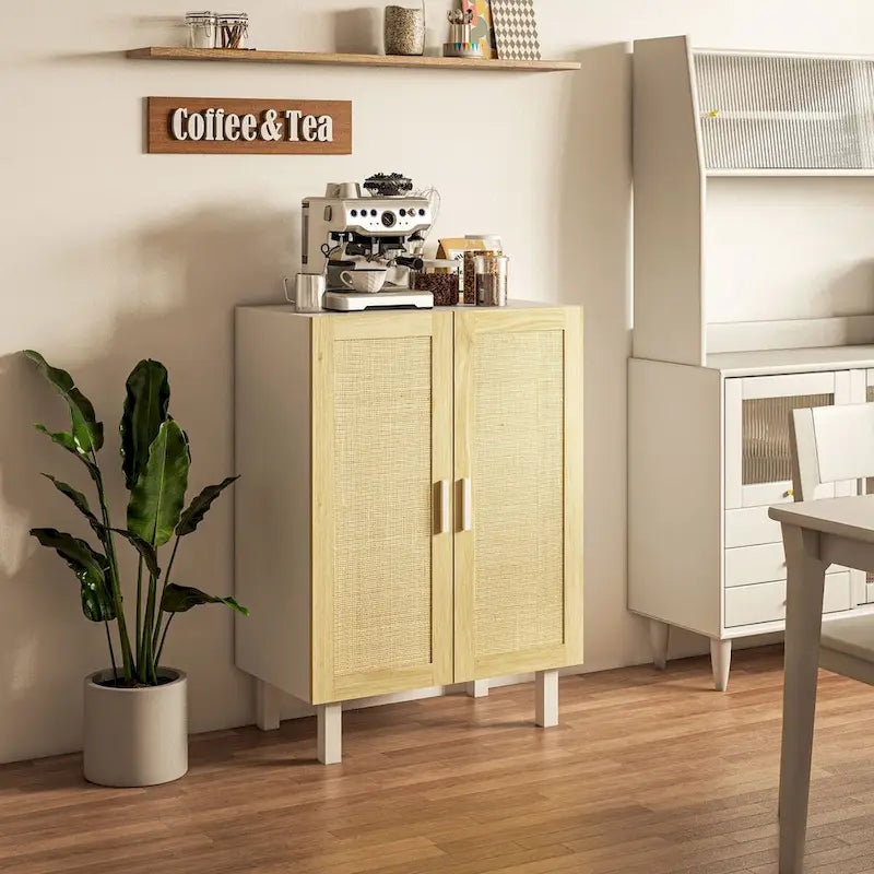 Buffet bohème noir/blanc avec 2 portes en rotin tressé, 3 étagères réglables et base surélevée, 1 personne