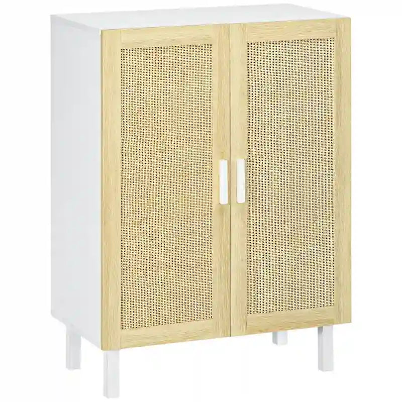 Buffet bohème noir/blanc avec 2 portes en rotin tressé, 3 étagères réglables et base surélevée, 1 personne