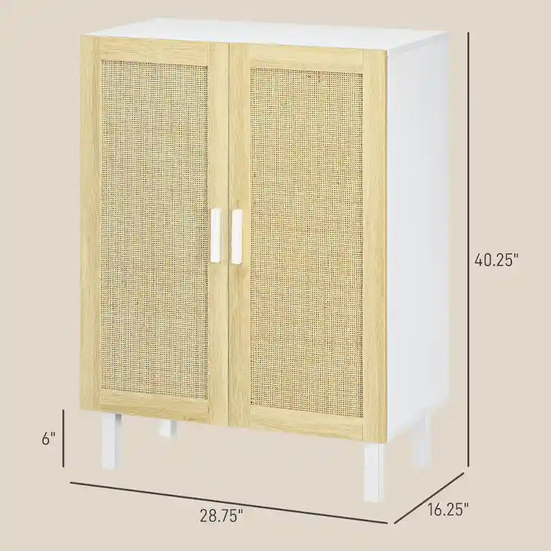 Buffet bohème noir/blanc avec 2 portes en rotin tressé, 3 étagères réglables et base surélevée, 1 personne