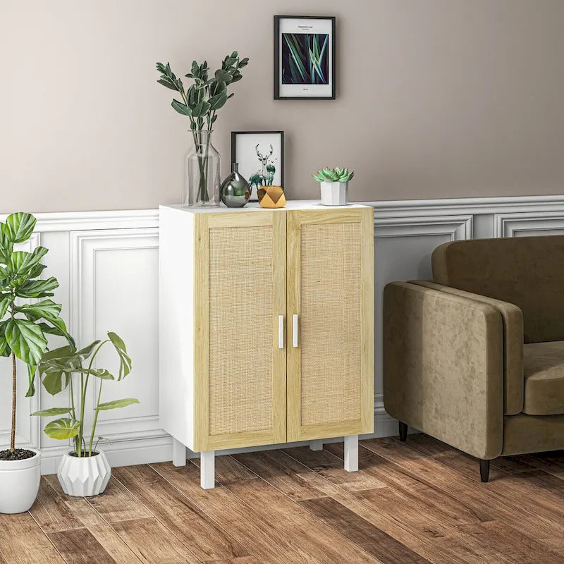 Buffet bohème noir/blanc avec 2 portes en rotin tressé, 3 étagères réglables et base surélevée, 1 personne