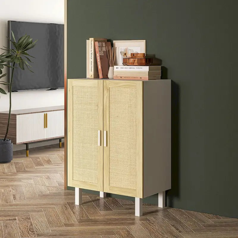 Buffet bohème noir/blanc avec 2 portes en rotin tressé, 3 étagères réglables et base surélevée, 1 personne