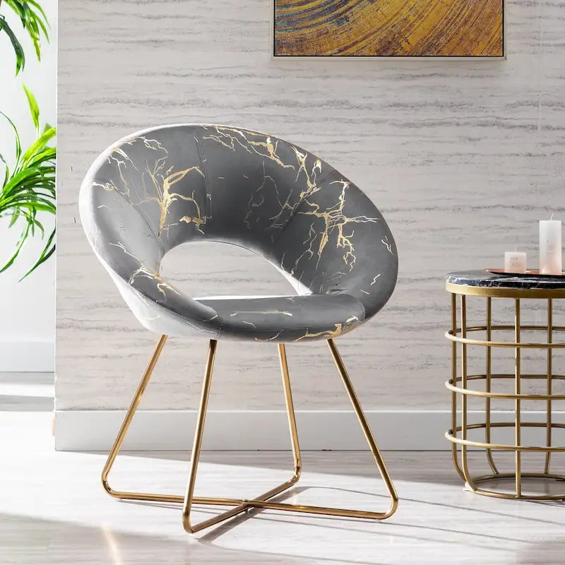 Fauteuil d'appoint en velours noir/vert foncé/gris à imprimé doré avec dossier ajouré et base métallique entrecroisée, 1 place