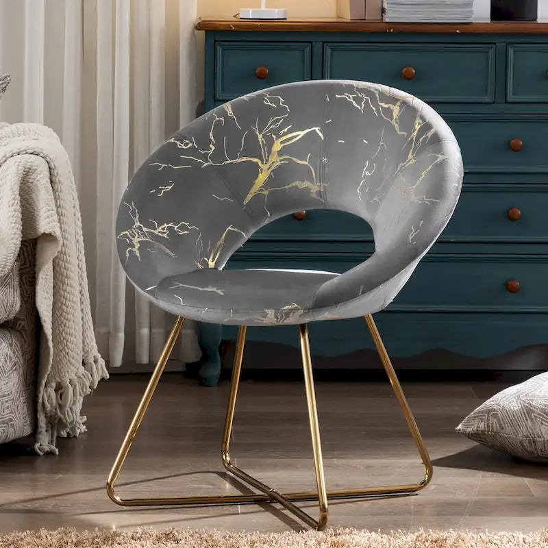 Fauteuil d'appoint en velours noir/vert foncé/gris à imprimé doré avec dossier ajouré et base métallique entrecroisée, 1 place