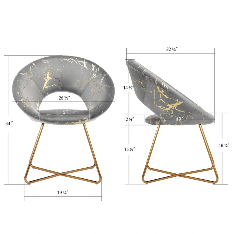 Fauteuil d'appoint en velours noir/vert foncé/gris à imprimé doré avec dossier ajouré et base métallique entrecroisée, 1 place