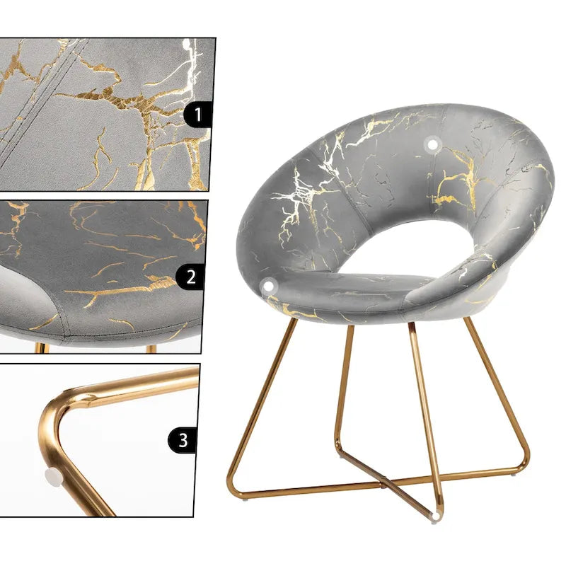 Fauteuil d'appoint en velours noir/vert foncé/gris à imprimé doré avec dossier ajouré et base métallique entrecroisée, 1 place