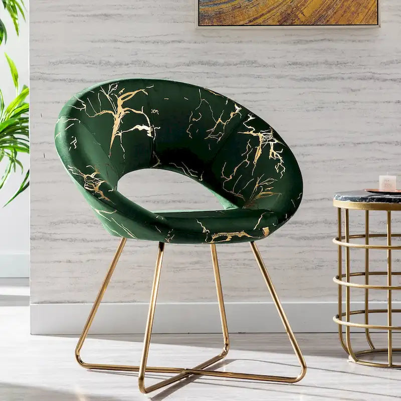 Fauteuil d'appoint en velours noir/vert foncé/gris à imprimé doré avec dossier ajouré et base métallique entrecroisée, 1 place