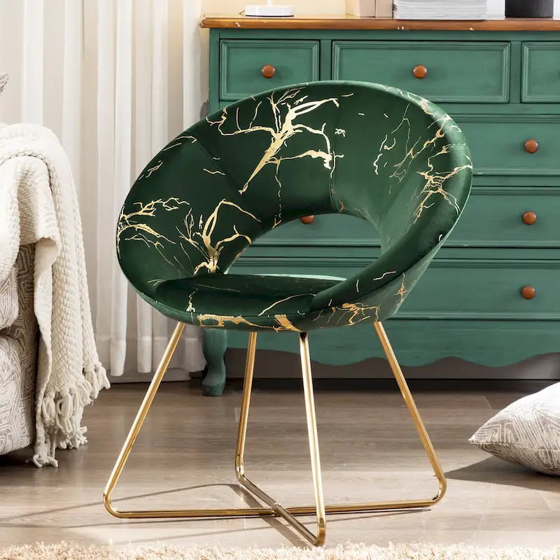 Fauteuil d'appoint en velours noir/vert foncé/gris à imprimé doré avec dossier ajouré et base métallique entrecroisée, 1 place