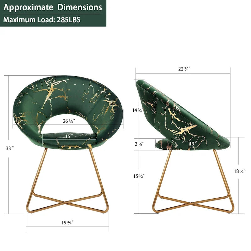 Fauteuil d'appoint en velours noir/vert foncé/gris à imprimé doré avec dossier ajouré et base métallique entrecroisée, 1 place
