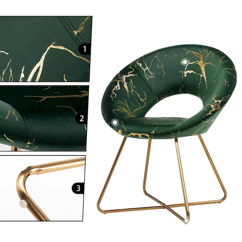 Fauteuil d'appoint en velours noir/vert foncé/gris à imprimé doré avec dossier ajouré et base métallique entrecroisée, 1 place