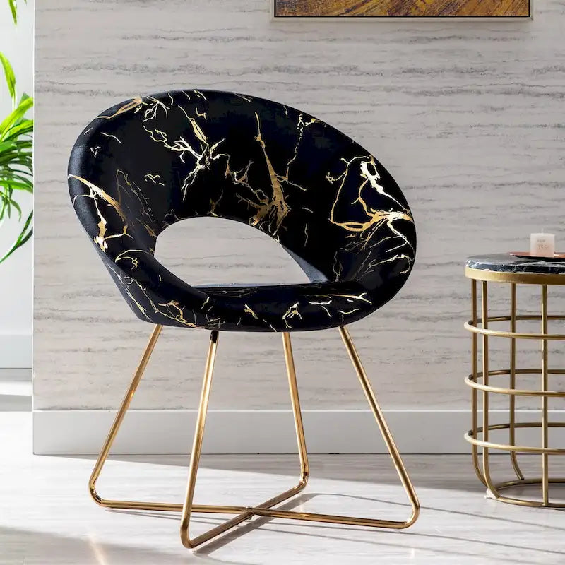 Fauteuil d'appoint en velours noir/vert foncé/gris à imprimé doré avec dossier ajouré et base métallique entrecroisée, 1 place
